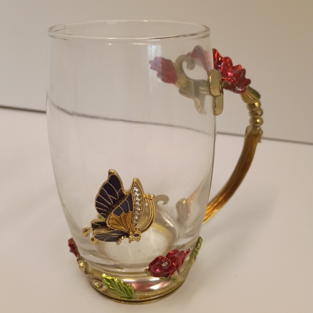 Decorative Butterfly Glass Mug with Gold Accents